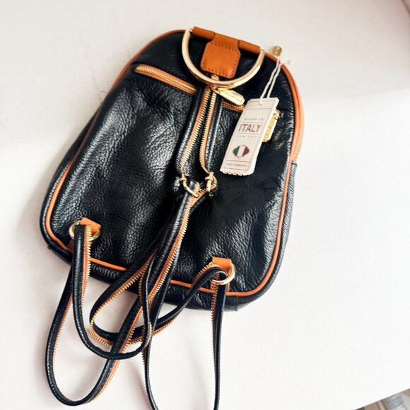 Valentina Brand NEW Classic Black Brown Oval Leather Backpack/Sling Bag - Picture 3 of 4